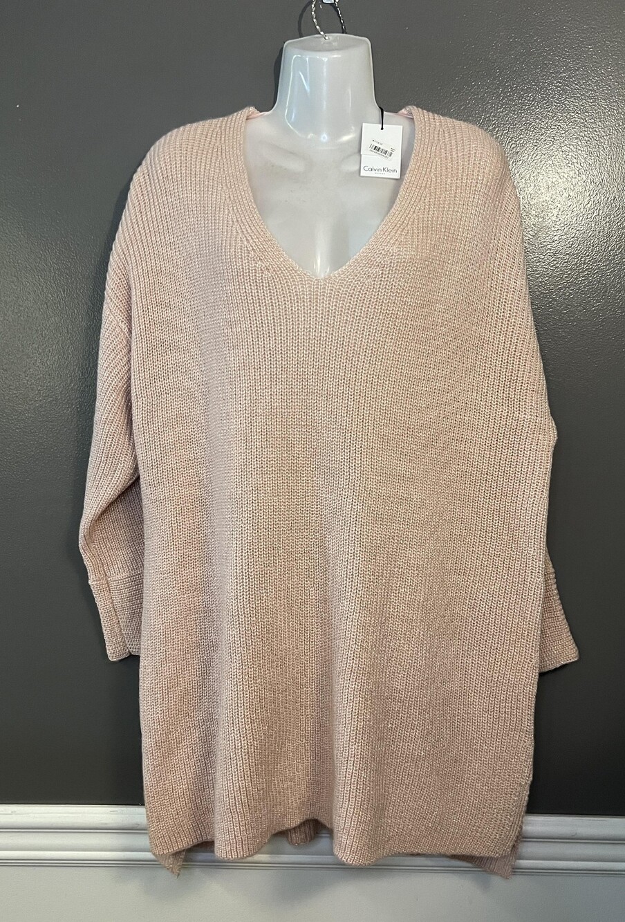 Calvin Klein Sweater Womens 2X V Neck Knit Metallic Pullover Tunic Lightweight